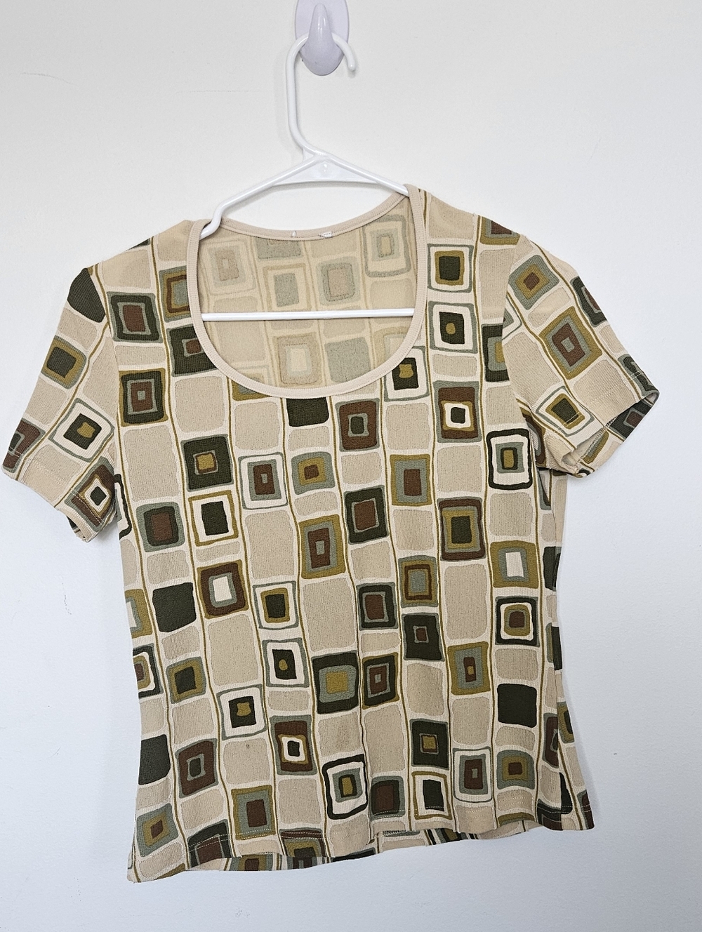 Vintage Style Geometric Print Short Sleeve Top Retro Square Pattern Knit M 🔥